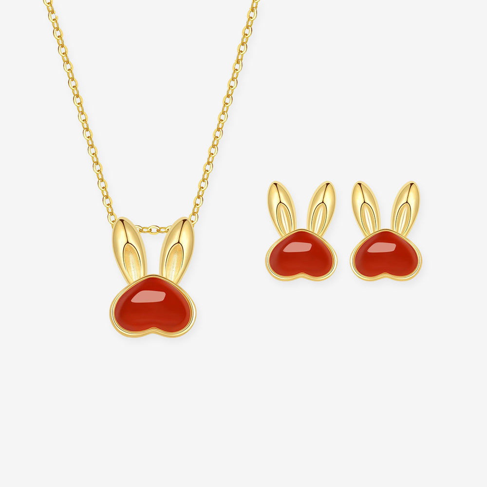 S925 Silver Red Agate Golden Rabbit Jewelry Set - Earrings Necklace