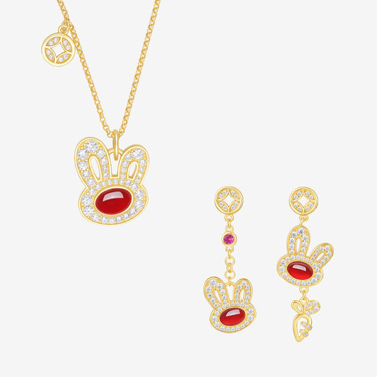 S925 Silver Red Agate Coin Rabbit Jewelry Set