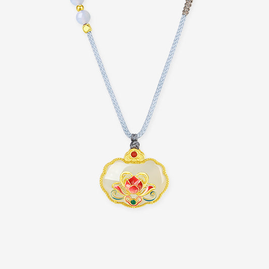 S925 Silver Peony Ruyi Pingan Lock Hetian Jade Pendant Necklace
