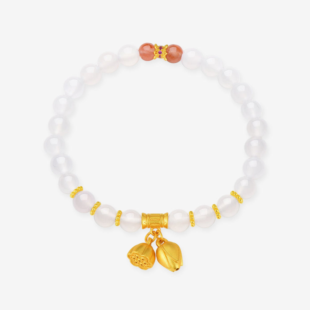 S925 Silver Lotus and Pod White Chalcedony Beaded Bracelet