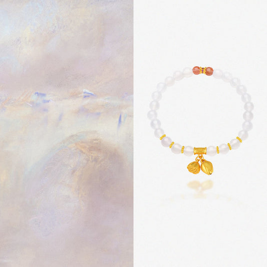 S925 Silver Lotus and Pod White Chalcedony Beaded Bracelet