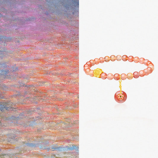 925 Silver Peach Blossom Flower Pink Agate Beaded Bracelet