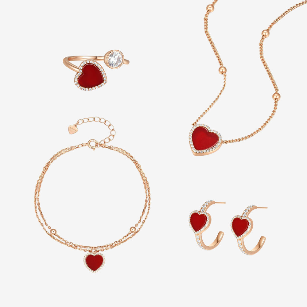Red agate heart ring, earrings, bracelet and necklace in gold-plated silver with CZ accents