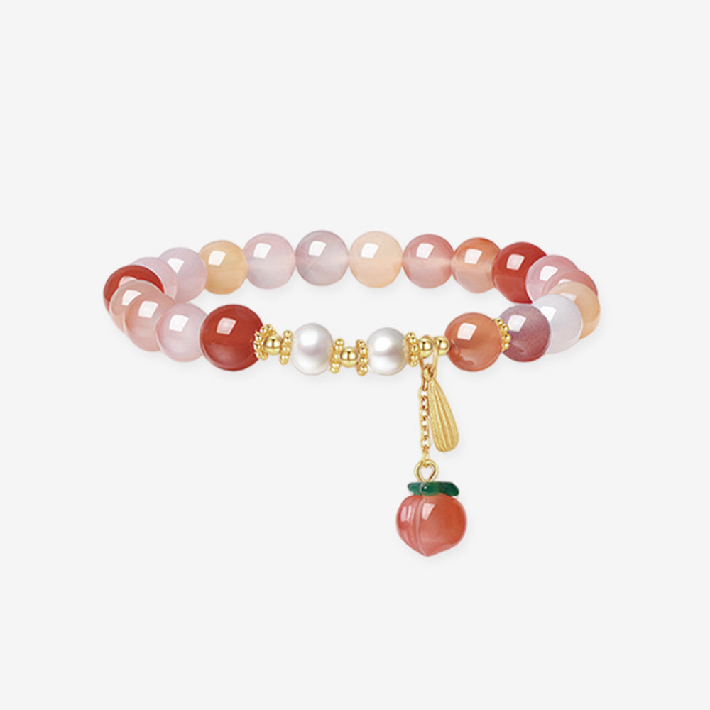 Gold Plated Silver Pearl Agate Pink Peach Beaded Bracelet