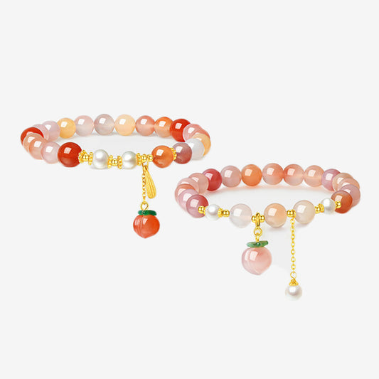 925 Silver Pearl Agate Pink Peach Beaded Bracelet