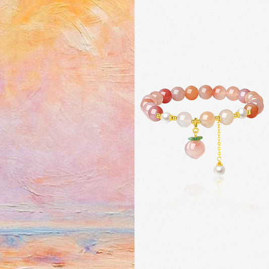 925 Silver Pearl Agate Pink Peach Beaded Bracelet