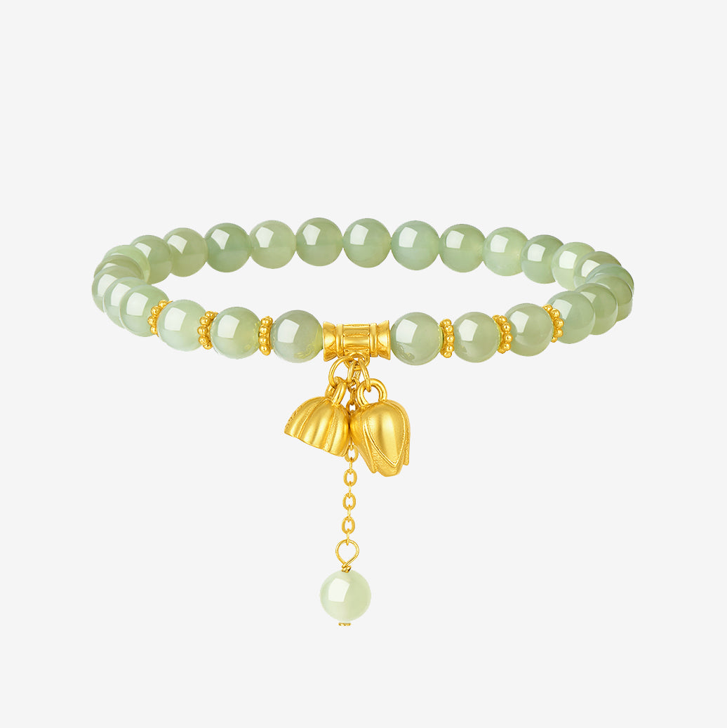 S925 Silver Two Lotus and Pod Green Hetain Jade Beaded Bracelet