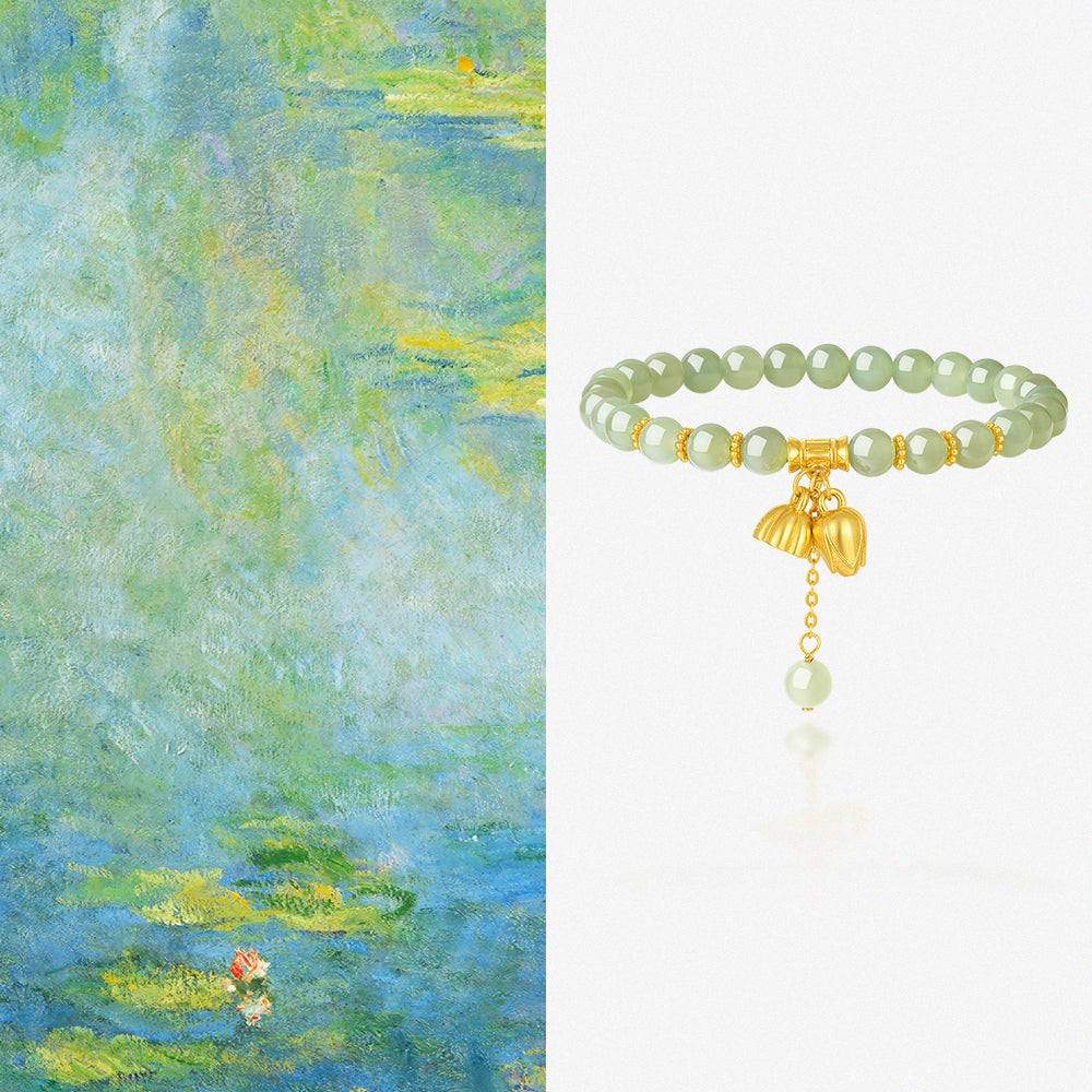 S925 Silver Two Lotus and Pod Green Hetain Jade Beaded Bracelet