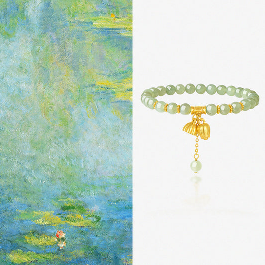 S925 Silver Two Lotus and Pod Green Hetain Jade Beaded Bracelet