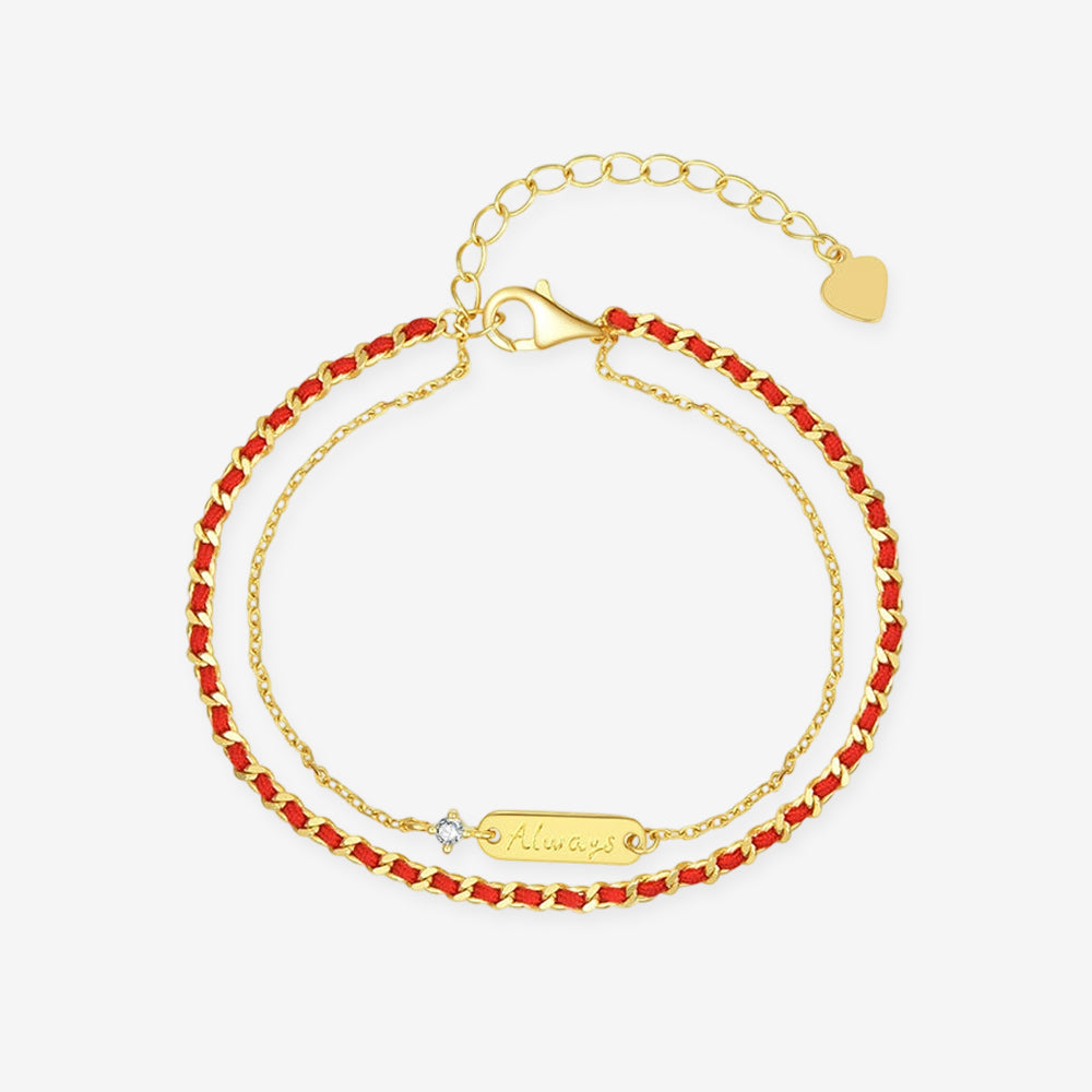 Gold Plated Silver "Always" Love Red String Bracelet