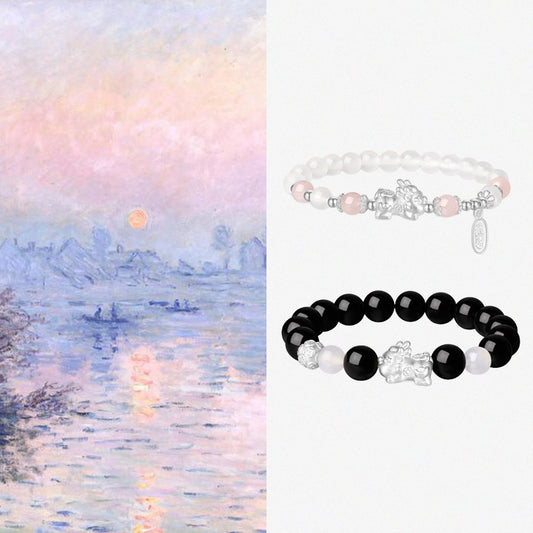 925 Silver Pixiu Chalcedony Agate Couple Beaded Bracelet