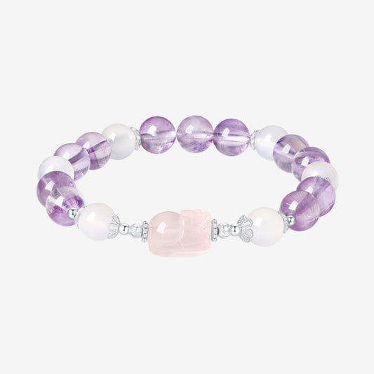 S925 Silver Lucky Pixiu Chalcedony Purple Crystal Beaded Bracelet