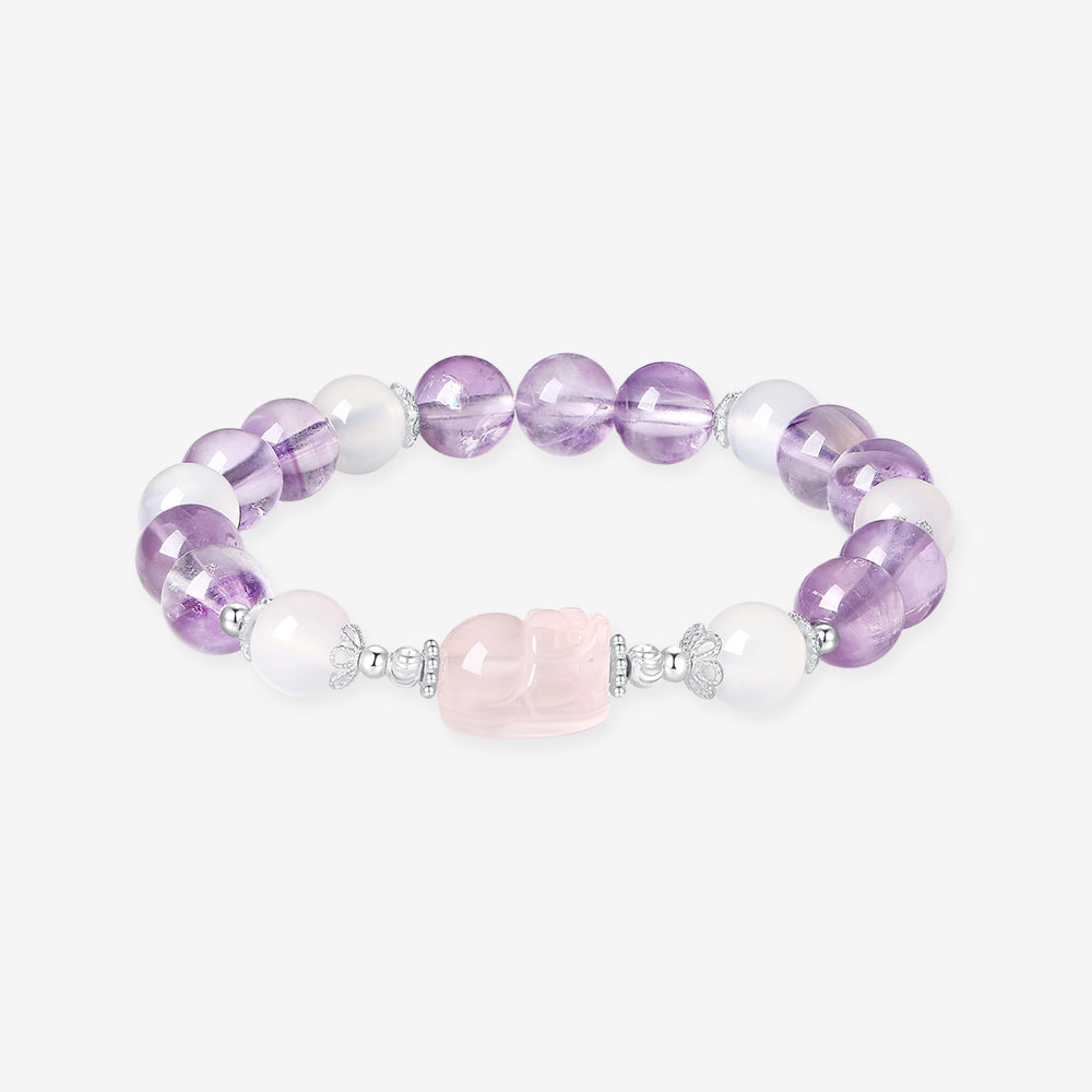 Silver Lucky Pixiu Chalcedony Purple Crystal Beaded Bracelet