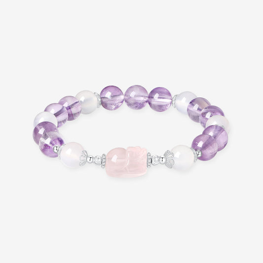 Silver Lucky Pixiu Chalcedony Purple Crystal Beaded Bracelet