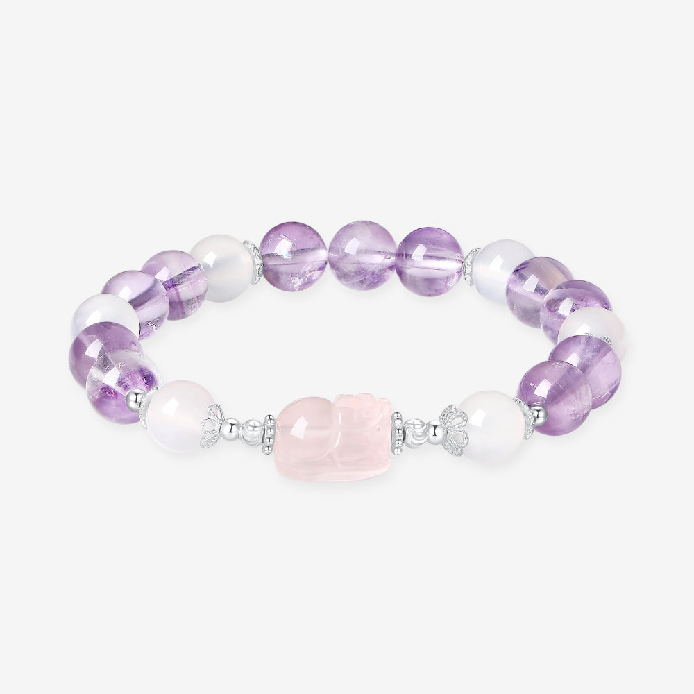 S925 Silver Lucky Pixiu Chalcedony Purple Crystal Amethyst Beaded Bracelet