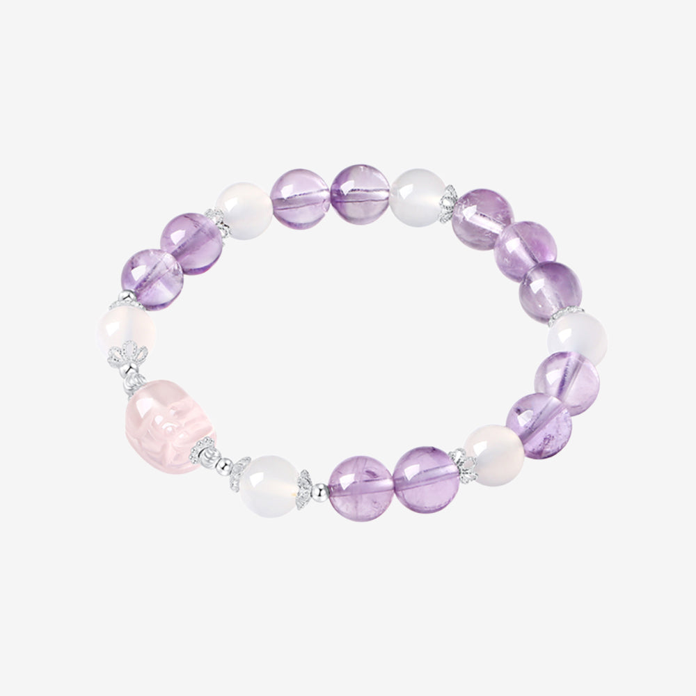 S925 Silver Lucky Pixiu Chalcedony Purple Crystal Beaded Bracelet