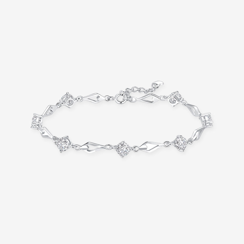 Silver Zircon Rhombus Heart Bracelet in 925 sterling silver with cubic zirconia, flat lay on white background – ChowTaiSeng