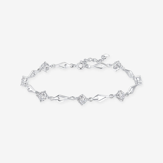 Silver Zircon Rhombus Heart Bracelet in 925 sterling silver with cubic zirconia, flat lay on white background – ChowTaiSeng