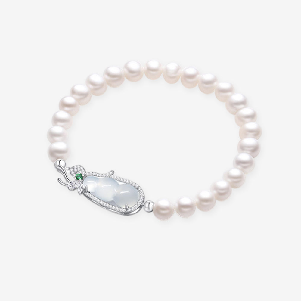 S925 Silver Chalcedony Lucky Bean Gourd Pearl Beaded Bracelet