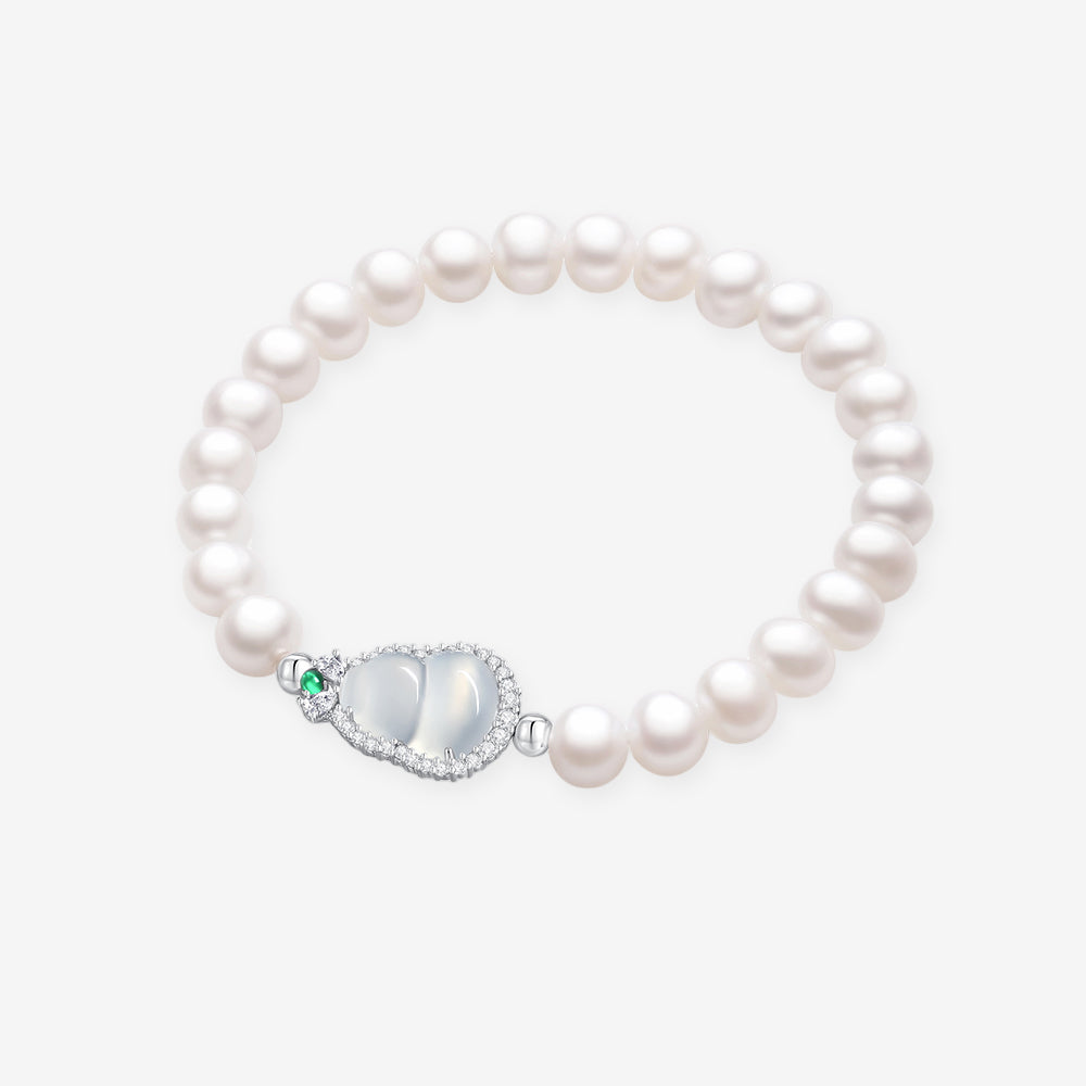 S925 Silver Chalcedony Lucky Bean Gourd Pearl Beaded Bracelet