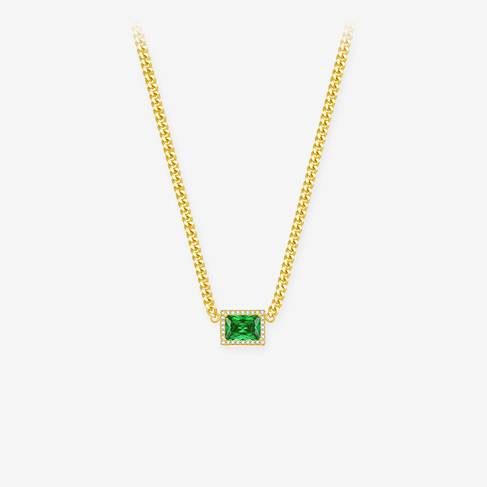 Silver Green Emerald Cut Zircon Curb Necklace