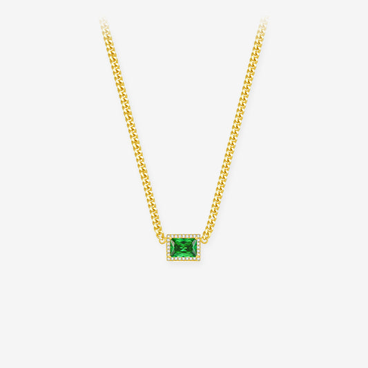 Silver Green Emerald Cut Zircon Curb Necklace