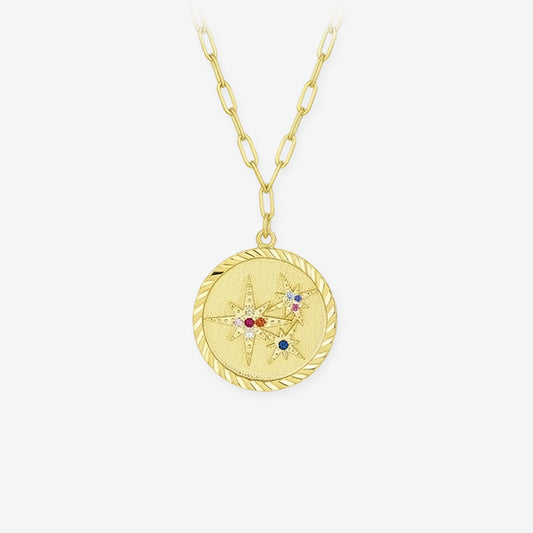 Gold Plated Silver Vintage Eight-pointed Star Disc Necklace