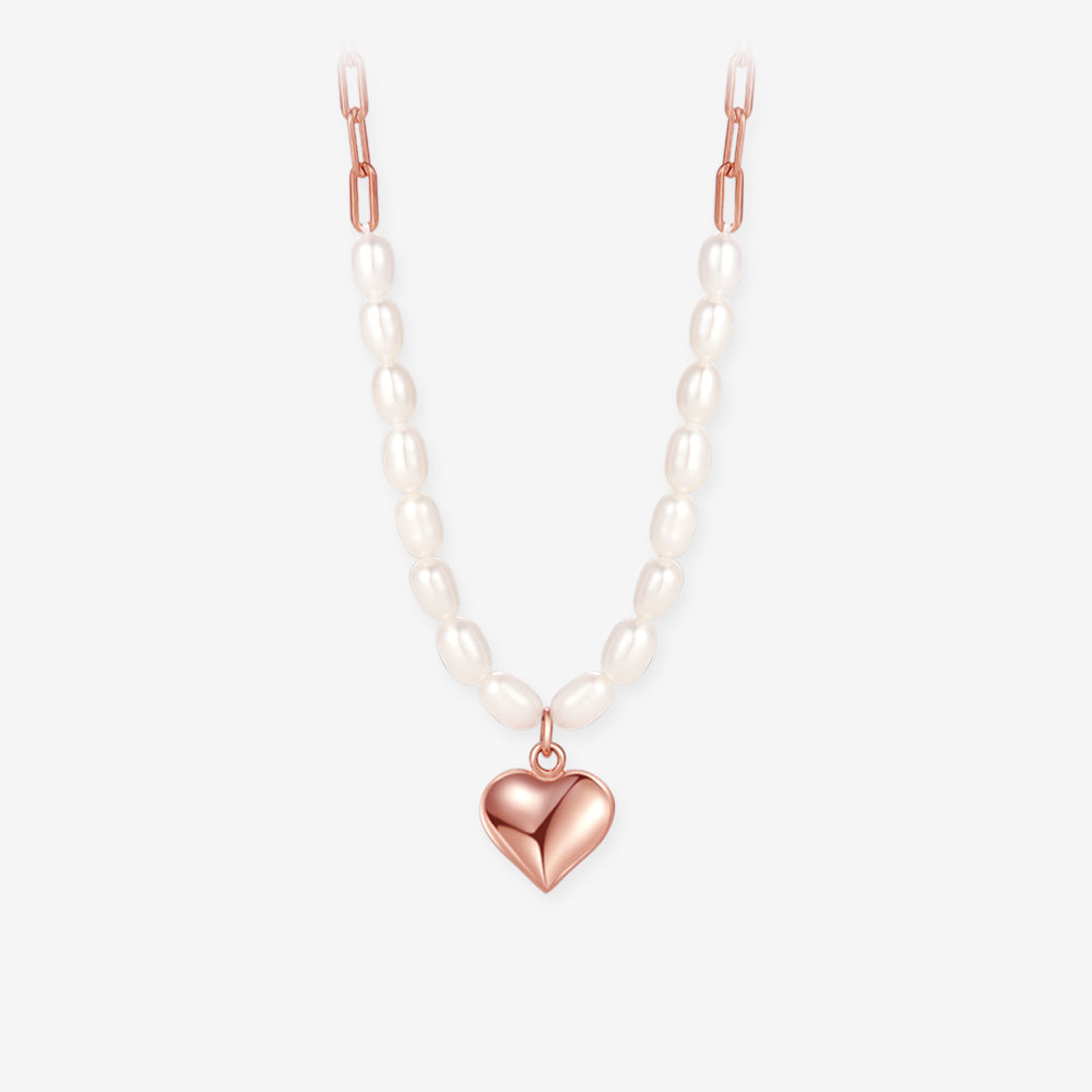Silver Pearl Rose Gold Heart Necklace