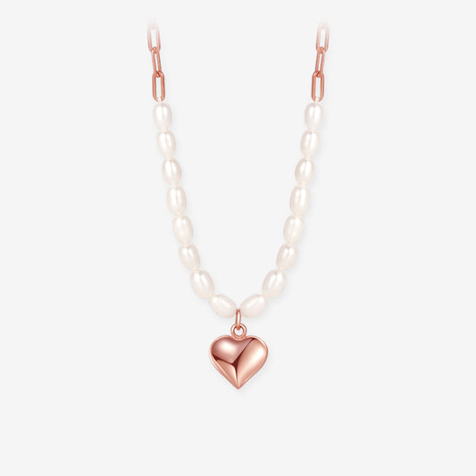 Silver Pearl Rose Gold Heart Necklace