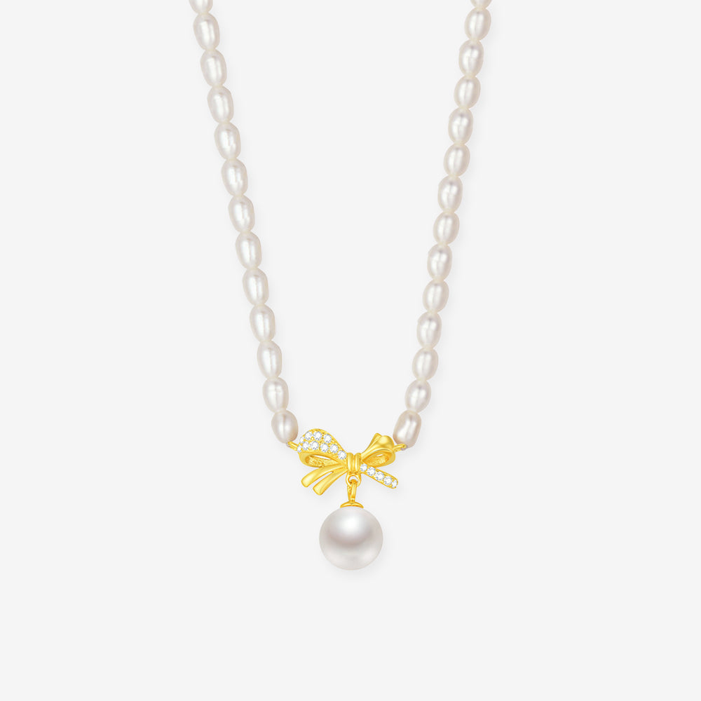 S925 Silver Pearl Golden Bow Knot Choker Necklace