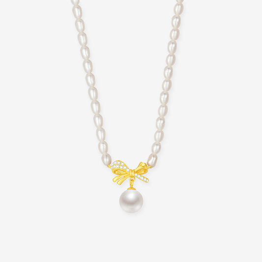S925 Silver Pearl Golden Bow Knot Choker Necklace