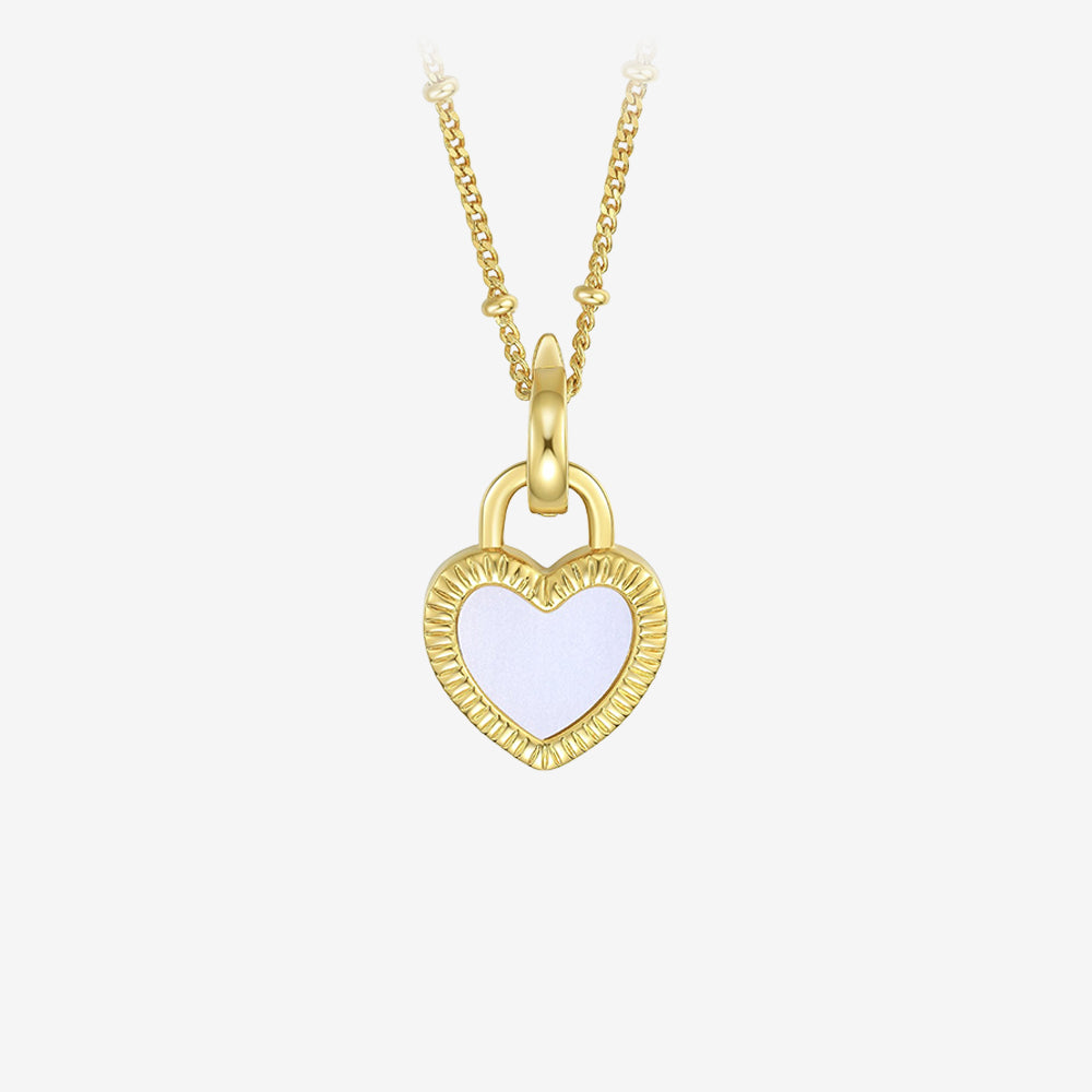 Gold Plated Silver Shell Agate Double-Sided Heart Lock Necklace