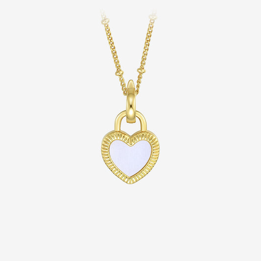 Gold Plated Silver Shell Agate Double-Sided Heart Lock Necklace