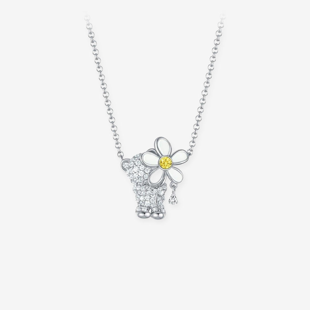 Silver Zircon Cute Bear Necklace