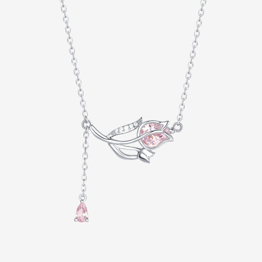 S925 Silver Zircon Pink Rose Necklace