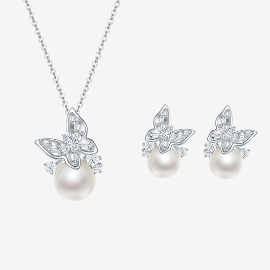 S925 Silver Butterfly Luxury Fashion Pearl Necklace & Earrings Set