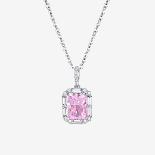 S925 Silver Pink Radiant Cut Zircon Necklace