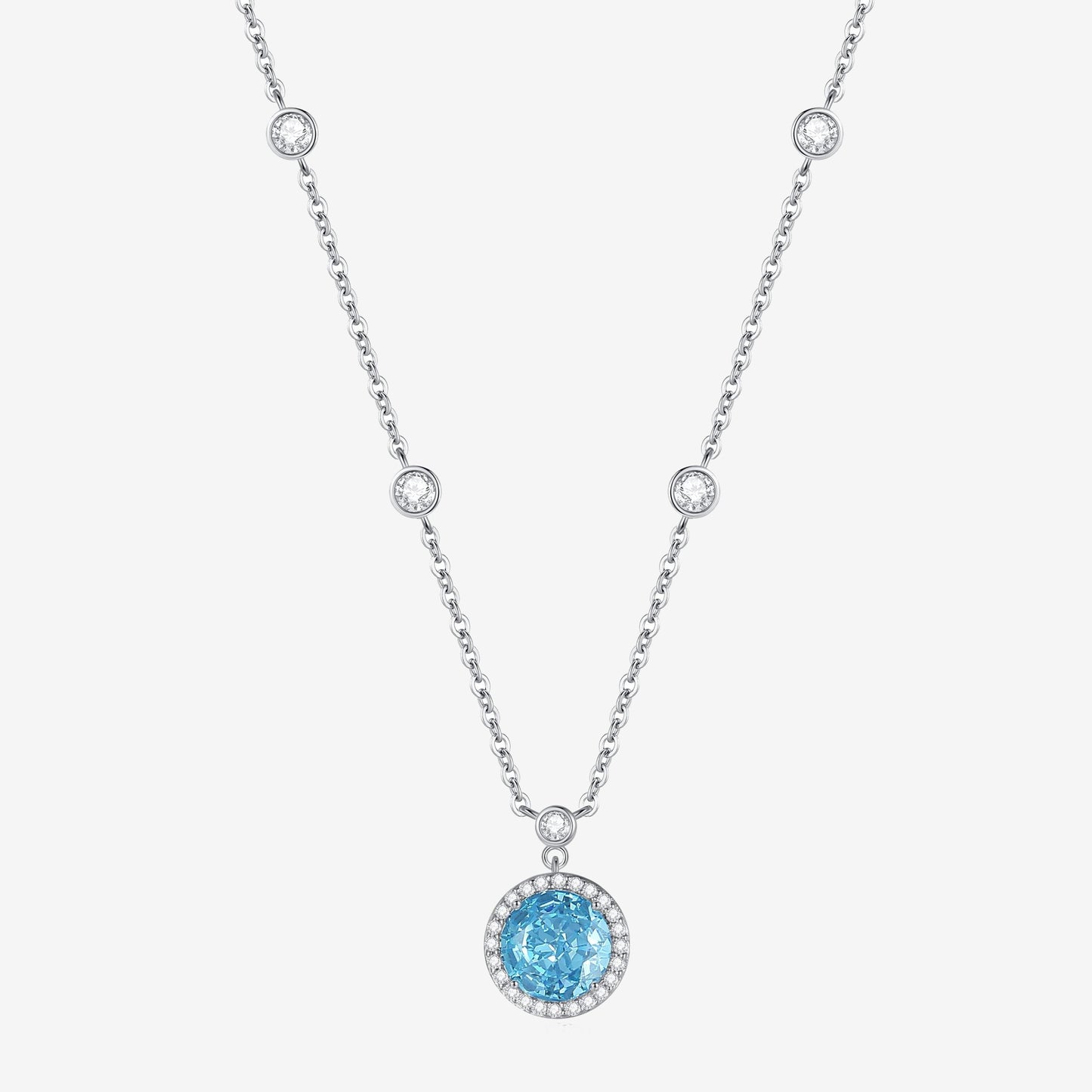 S925 Silver Round Aquamarine Blue Zircon Necklace