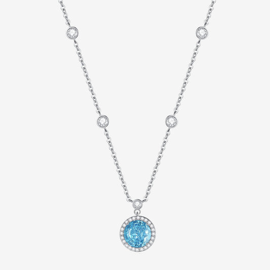 S925 Silver Round Aquamarine Blue Zircon Necklace