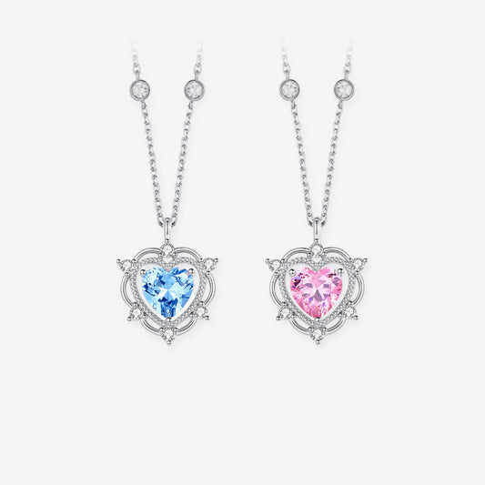 Silver Zircon Pink Blue Heart Necklace