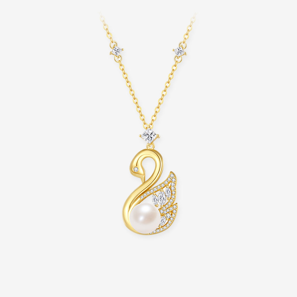 Silver Pearl Zircon Golden Swan Necklace Earrings