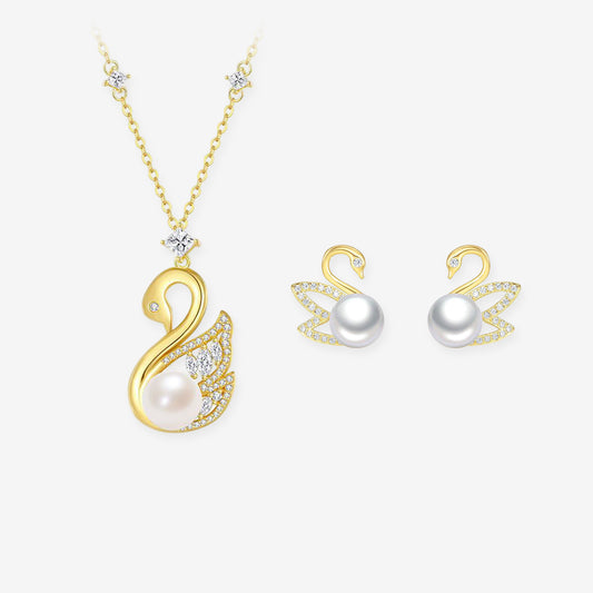 Gold Plated Silver Pearl Zircon Golden Swan Necklace Earrings