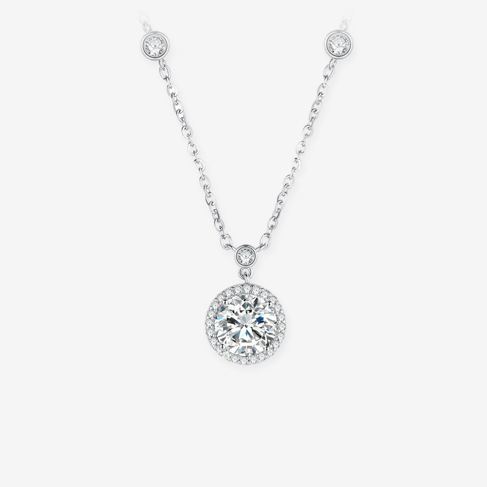 Silver Round Cut Zircon Halo Necklace