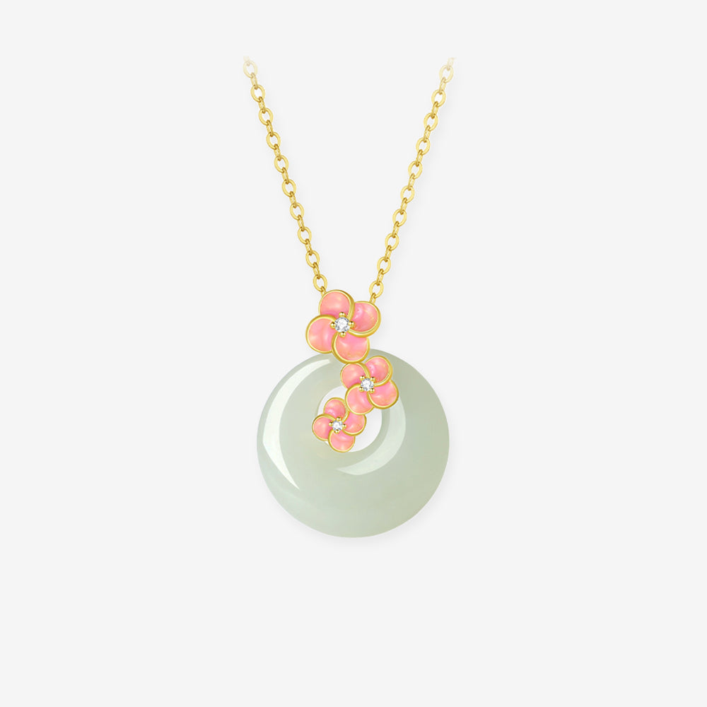 Silver Peach Blossom Hetian Jade Ping An Buckle Necklace