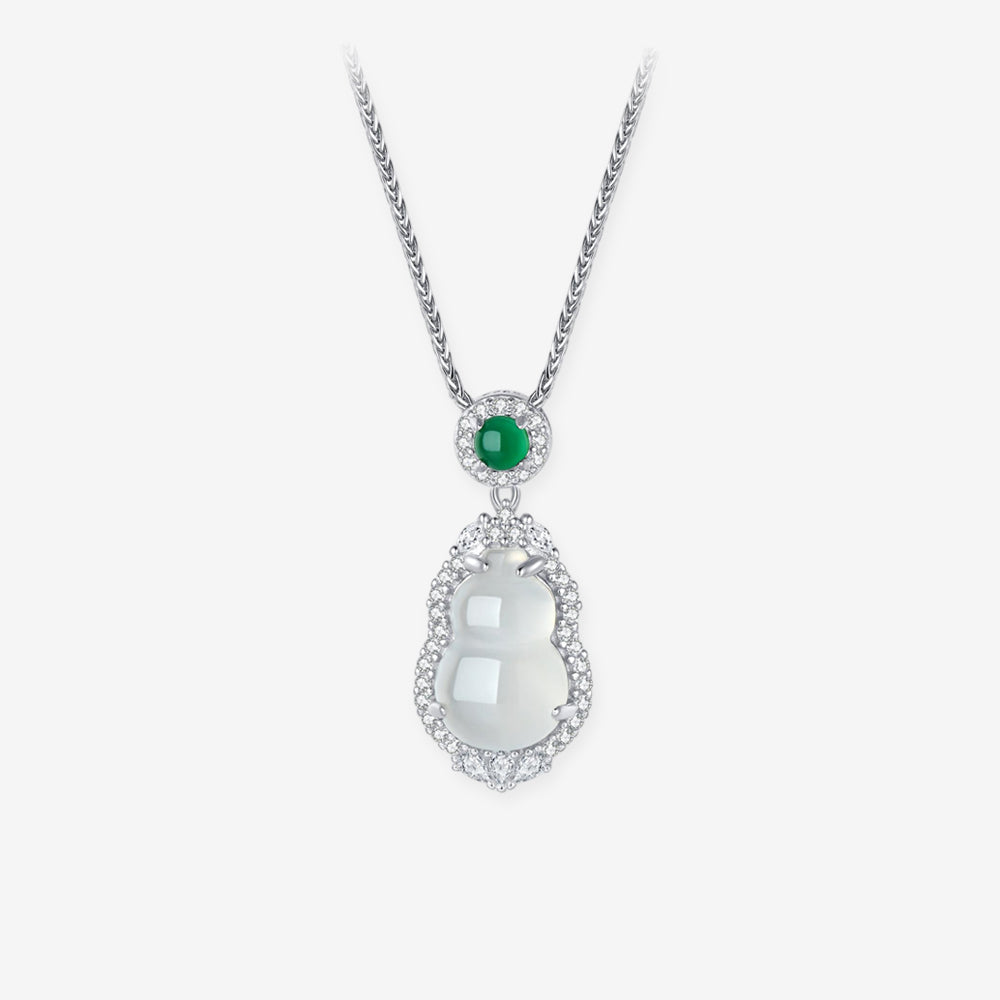 Sterling silver white chalcedony gourd necklace with a sparkling CZ border and round green accent
