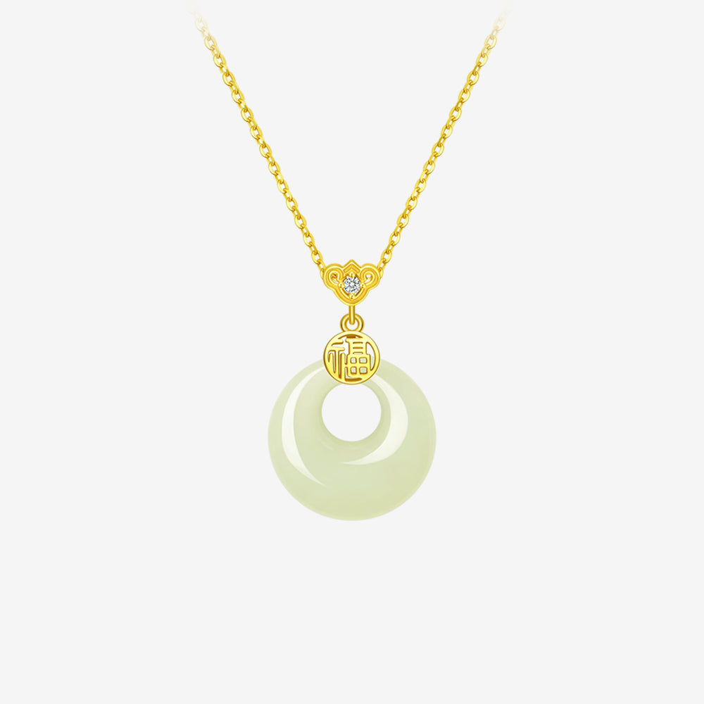 Gold Plated Silver Hetian Jade Blessing Ping An Buckle Necklace