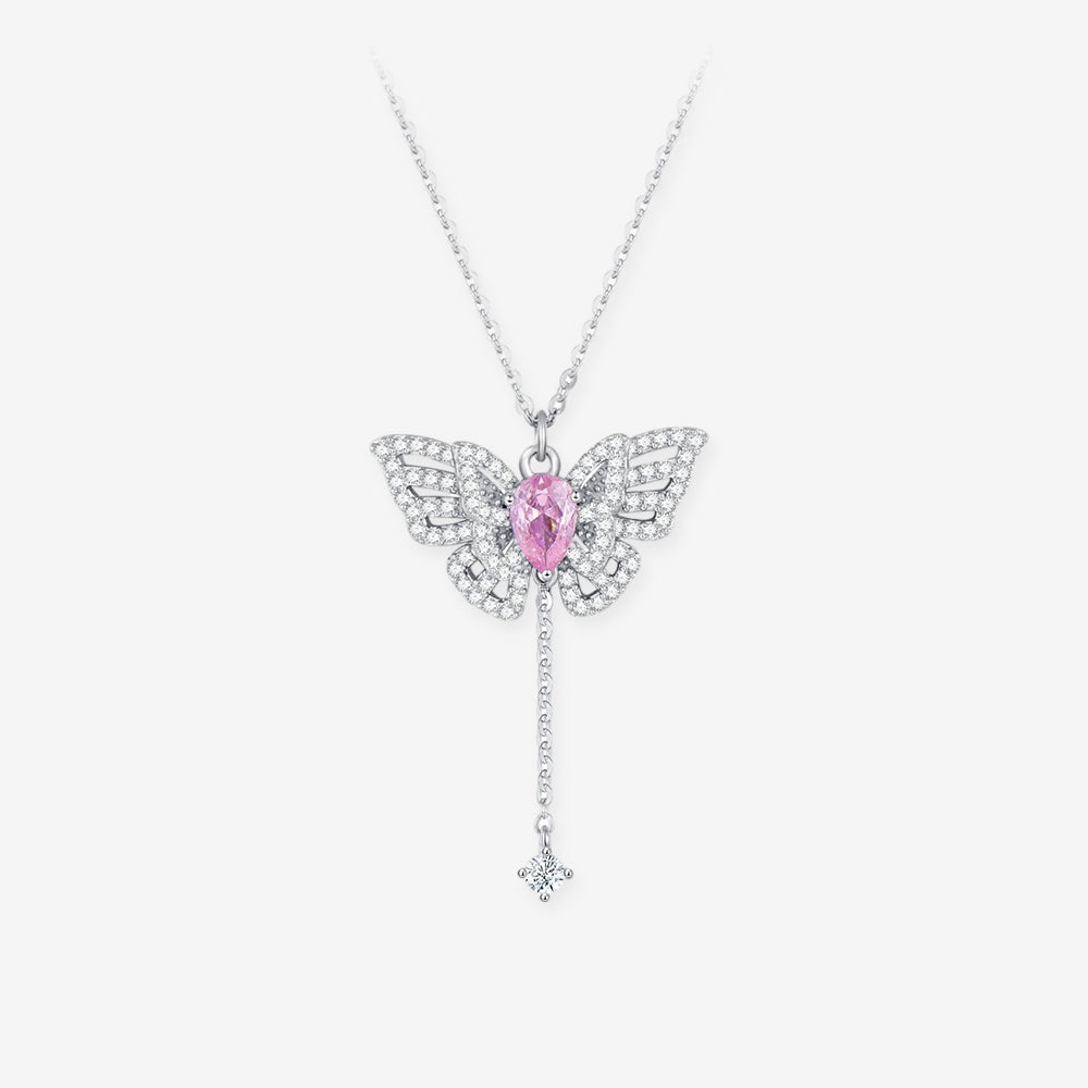 Silver Zircon Purple Pink Wings Movable Butterfly Necklace