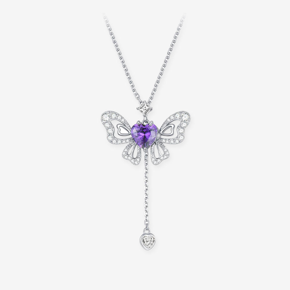 Silver Zircon Purple Pink Wings Movable Butterfly Necklace
