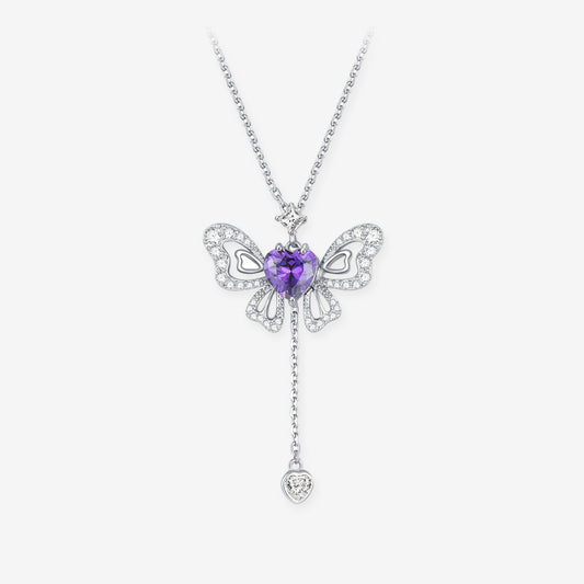 Silver Zircon Purple Pink Wings Movable Butterfly Necklace