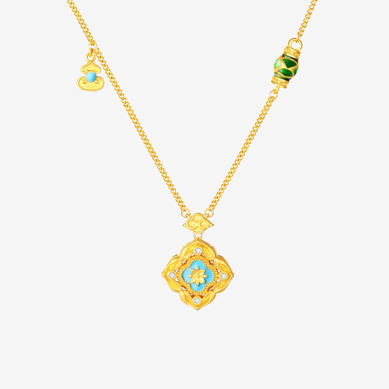 925 Silver Gold Plated Enamel Auspicious Lotus Pond Necklace